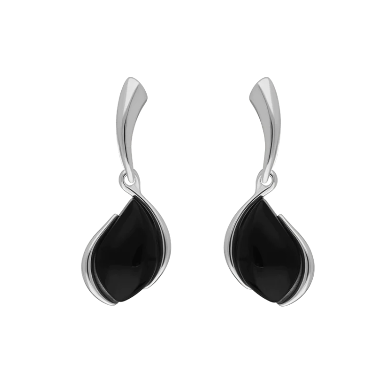 Sterling Silver Whitby Jet Abstract Pear Drop Earrings - Silver