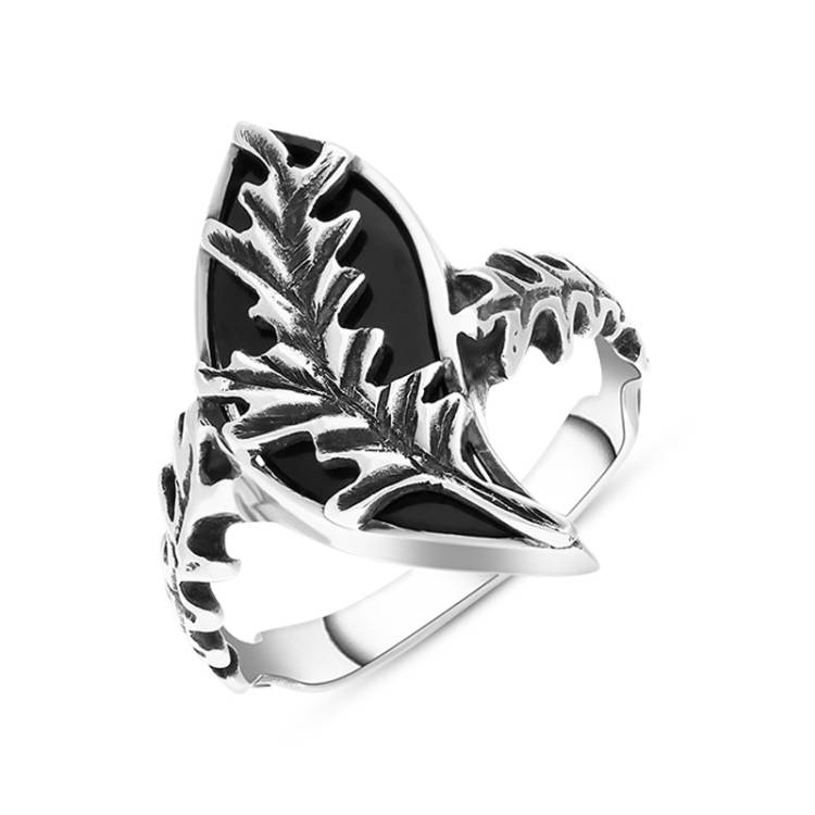 Sterling Silver Whitby Jet Acanthus Leaf Ring - Silver