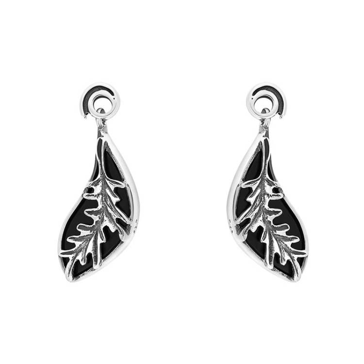 Sterling Silver Whitby Jet Acanthus Leaf Drop Earrings - Silver