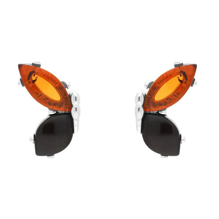 Sterling Silver Whitby Jet Amber Butterfly Stud Earrings - Silver