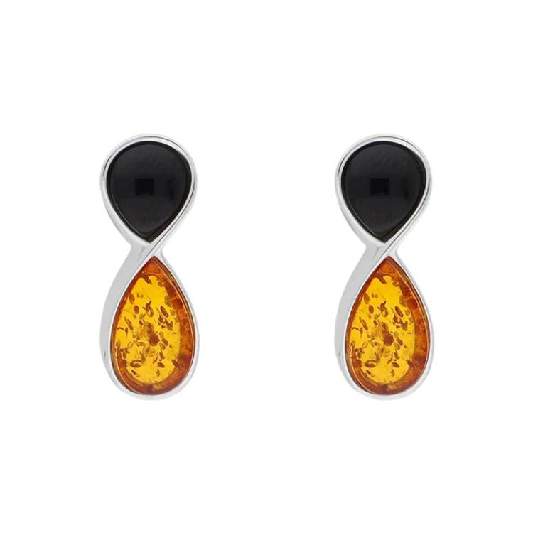 Sterling Silver Whitby Jet Amber Circle Drop Earrings - Silver