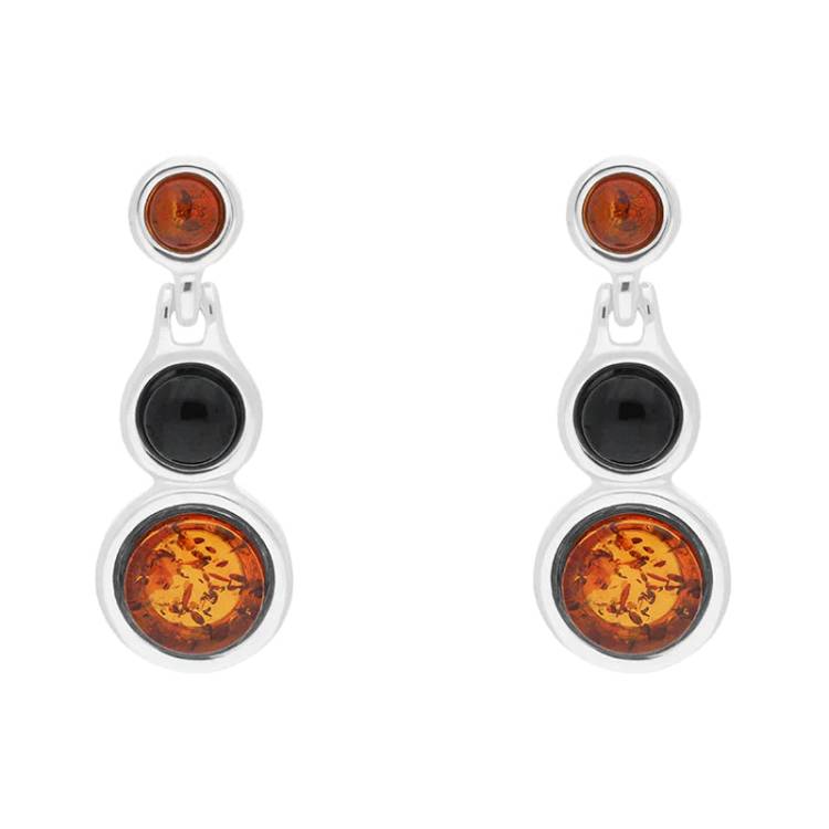 Sterling Silver Whitby Jet Amber Graduated Drop Earrings - Silver