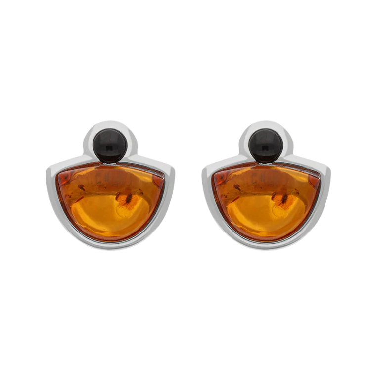 Sterling Silver Whitby Jet Amber Half Moon Round Stud Earrings - Silver