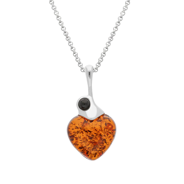Sterling Silver Whitby Jet Amber Heart Necklace - Silver