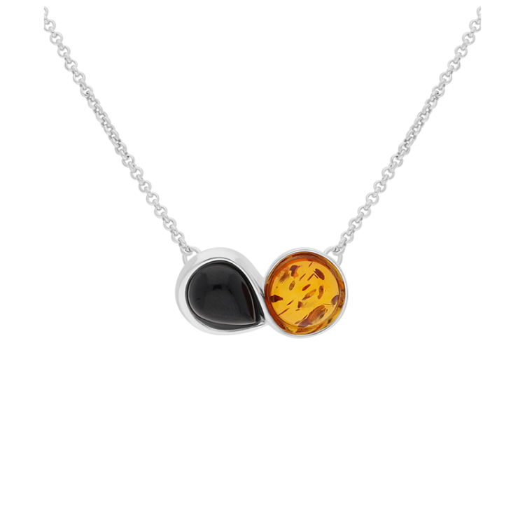 Sterling Silver Whitby Jet Amber Pear Shaped Necklace - Silver