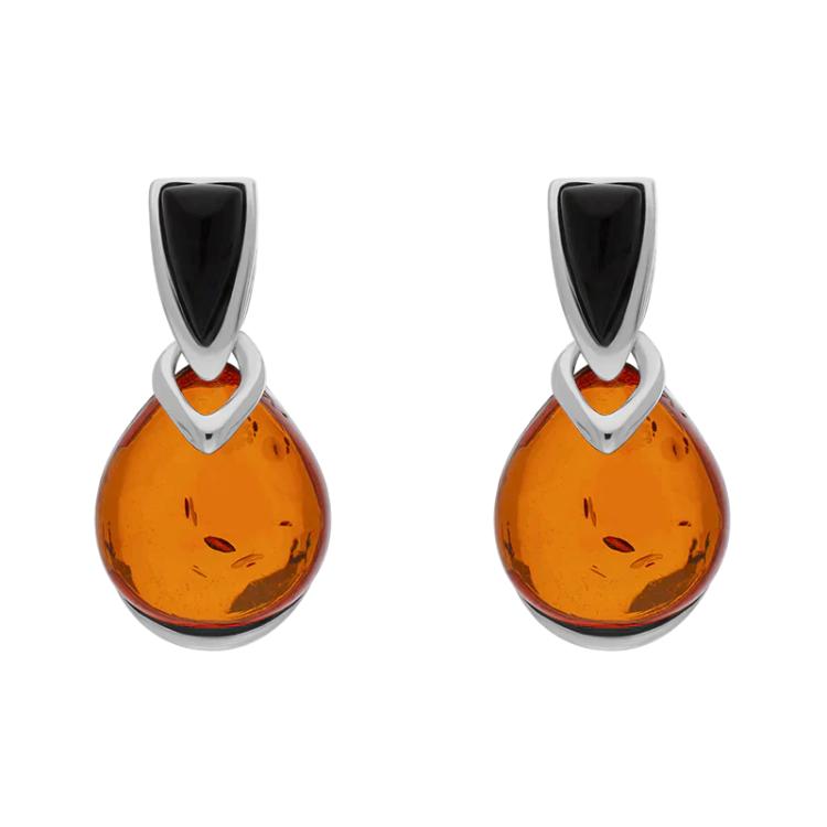 Sterling Silver Whitby Jet Amber Triangle Top Round Drop Earrings - Silver
