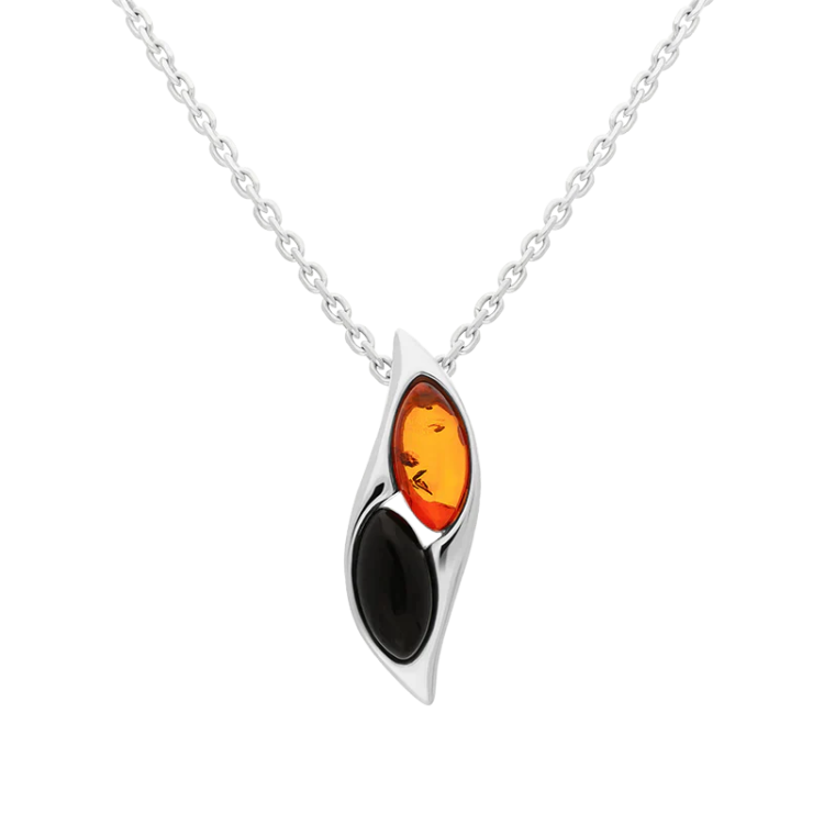 Sterling Silver Whitby Jet Amber Two Stone Wave Necklace - Silver