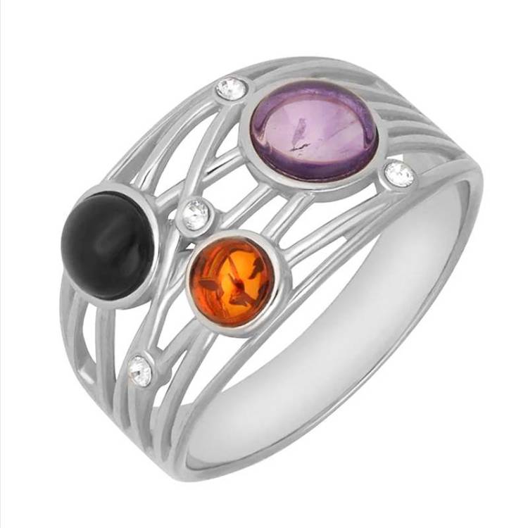 Sterling Silver Whitby Jet Amethyst Amber Bubble Ring - Silver