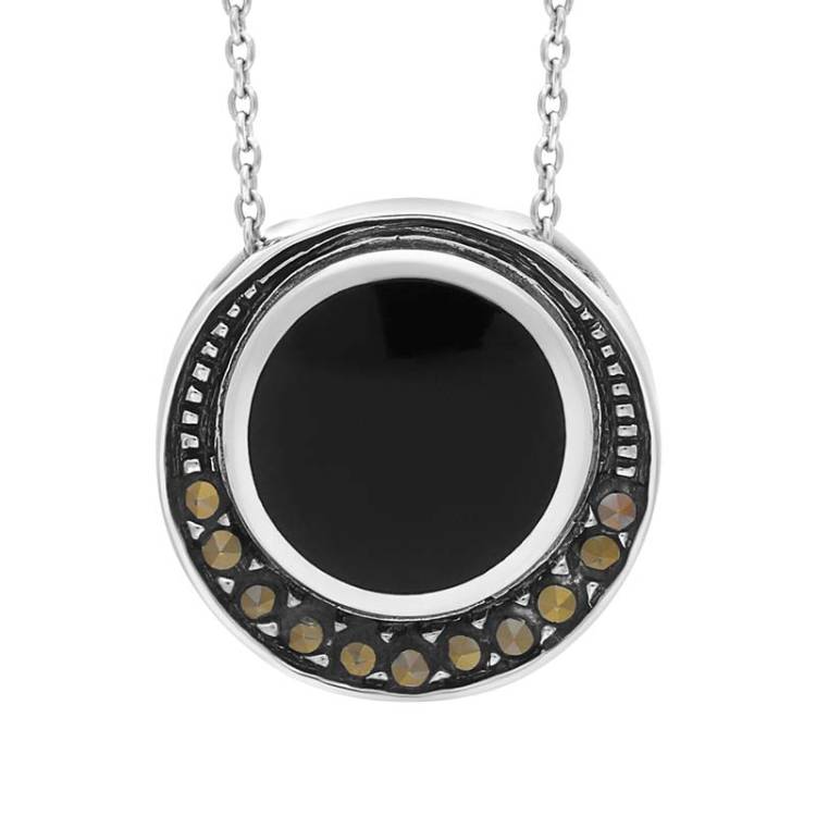Sterling Silver Whitby Jet and Marcasite Round Framed Necklace D - Silver