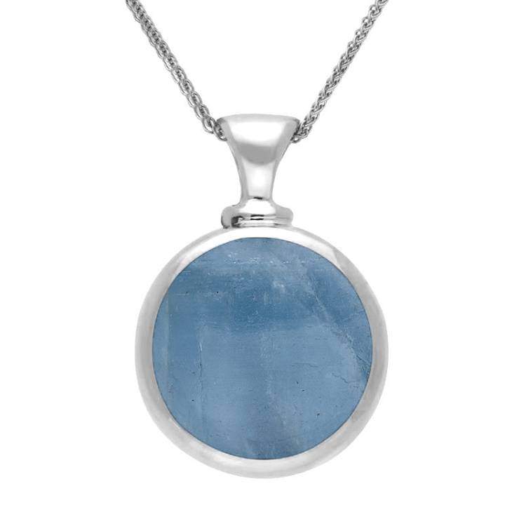 Sterling Silver Whitby Jet Aquamarine Double Sided Round Dinky Fob Necklace - Sterling Silver