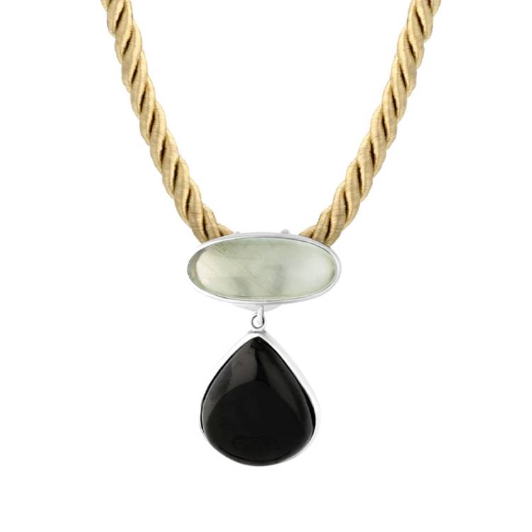 Sterling Silver Whitby Jet Aquamarine Oval Pear Drop Two Stone Drop Necklace - Silver