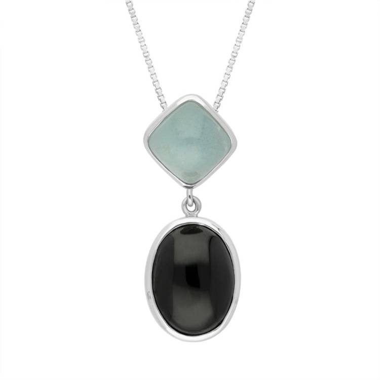 Sterling Silver Whitby Jet Aquamarine Oval Cushion Two Stone Drop Necklace - Silver