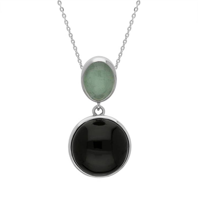 Sterling Silver Whitby Jet Aquamarine Two Stone Drop Necklace D - Silver