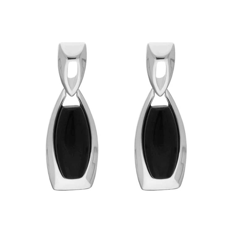 Sterling Silver Whitby Jet Barrel Drop Earrings - Silver