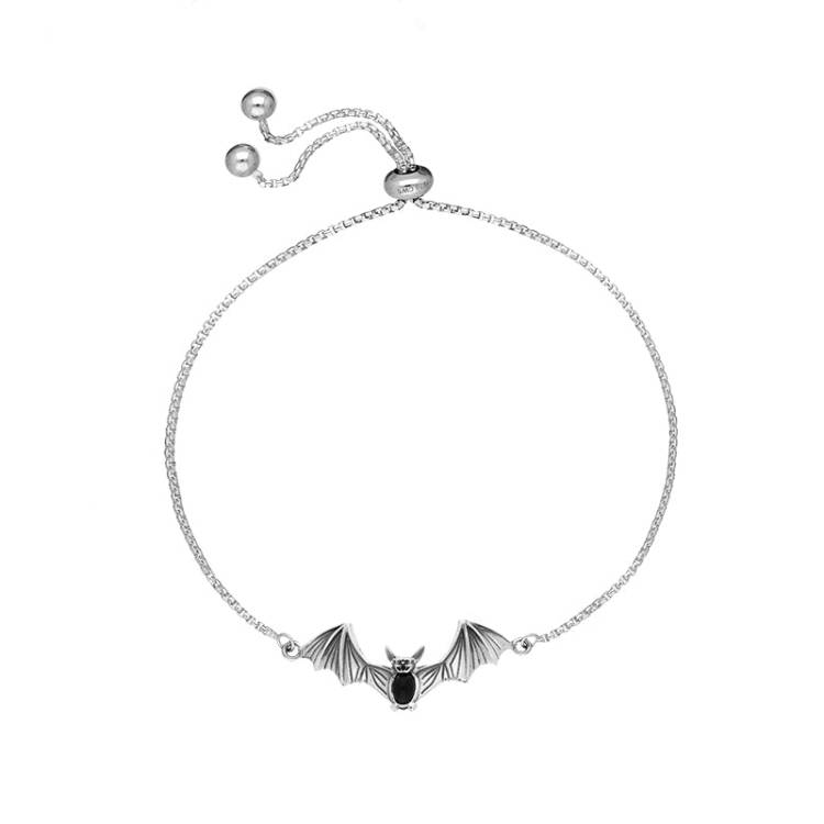 Sterling Silver Whitby Jet Bat Adjustable Bracelet - Silver