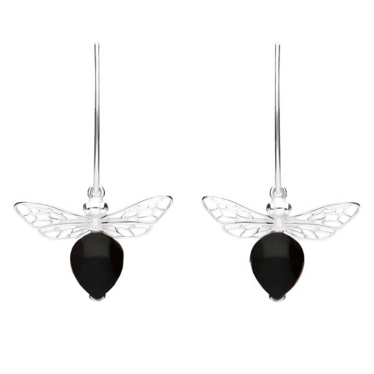 Sterling Silver Whitby Jet Bee Small Hook Earrings - Silver