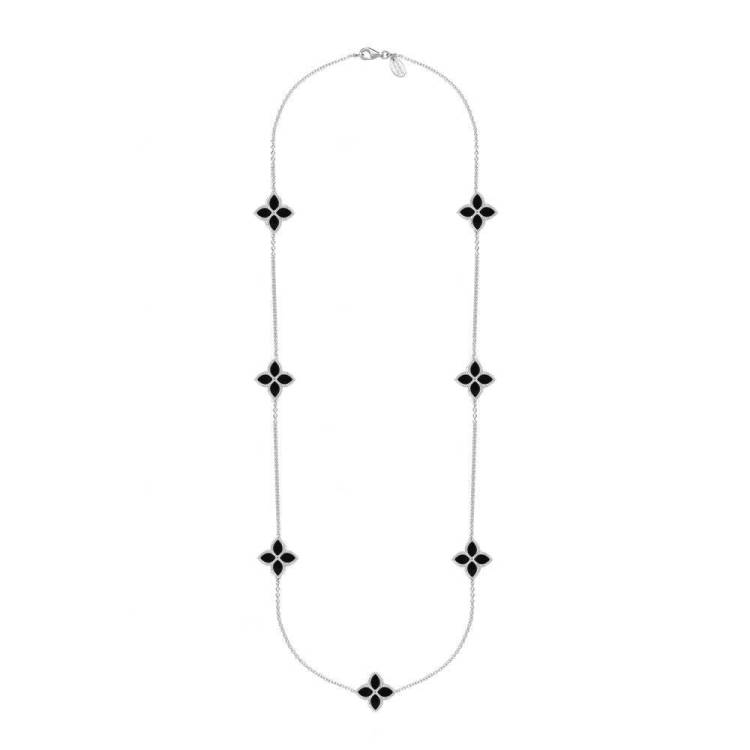 Sterling Silver Whitby Jet Bloom Long Marquise Flower Necklace - Silver