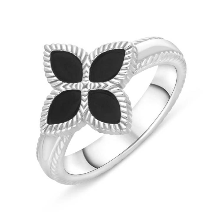 Sterling Silver Whitby Jet Bloom Marquise Flower Ring - U