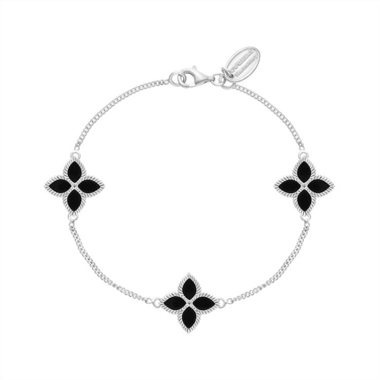 Sterling Silver Whitby Jet Bloom Marquise Flower Bracelet - Silver