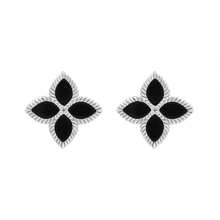 Sterling Silver Whitby Jet Bloom Marquise Flower Stud Earrings - Silver