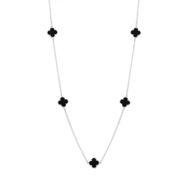 Sterling Silver Whitby Jet Bloom Four Leaf Clover Ball Edge Necklace - Gold