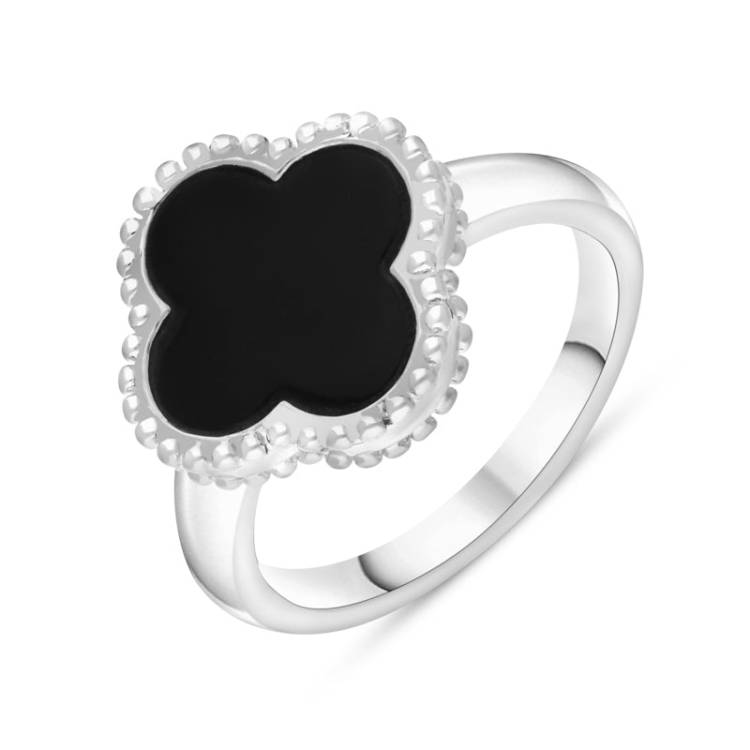 Sterling Silver Whitby Jet Bloom Four Leaf Clover Ball Edge Ring - Gold