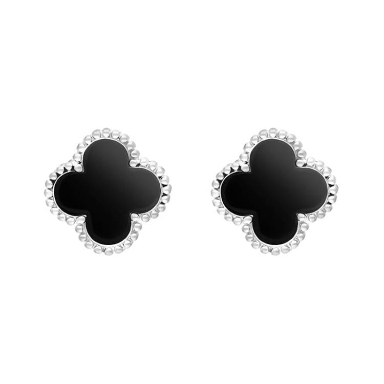 Sterling Silver Whitby Jet Bloom Four Leaf Clover Ball Edge Stud Earrings - Gold