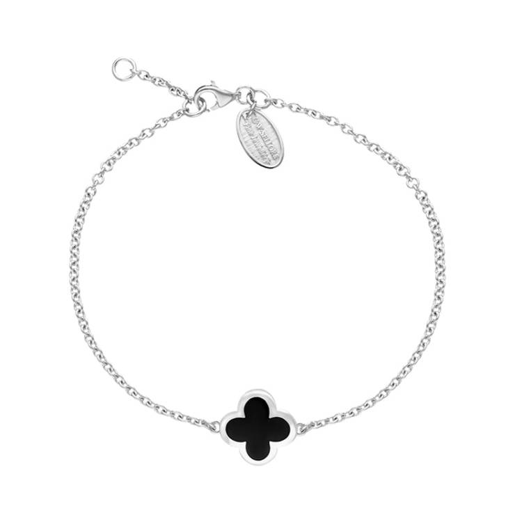 Sterling Silver Whitby Jet Bloom Four Leaf Clover Polished Edge Bracelet - Silver