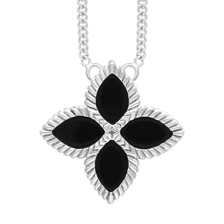 Sterling Silver Whitby Jet Bloom Large Marquise Flower Necklace - Silver