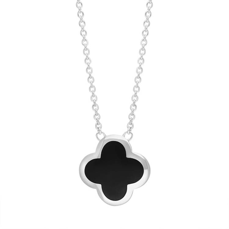 Sterling Silver Whitby Jet Bloom Large Four Leaf Clover Polished Edge Pendant - Gold