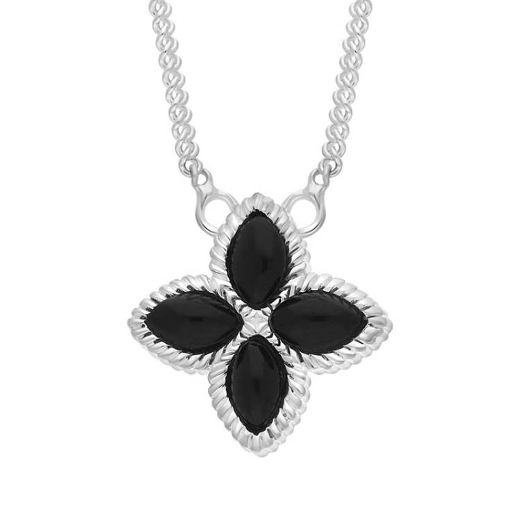 Sterling Silver Whitby Jet Bloom Small Marquise Flower Necklace - Silver