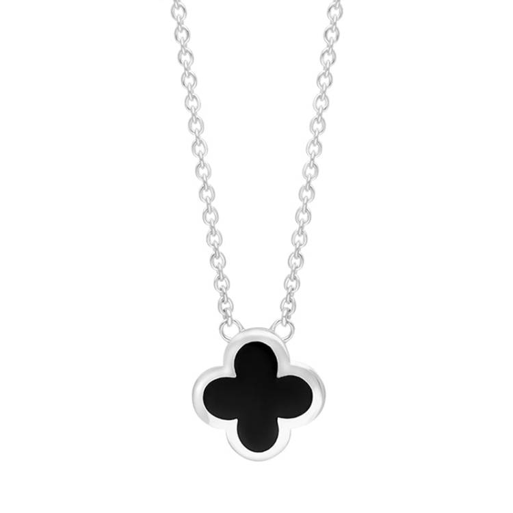 Sterling Silver Whitby Jet Bloom Small Four Leaf Clover Polished Edge Pendant - Gold