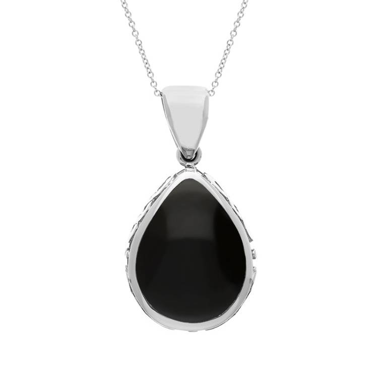 Sterling Silver Whitby Jet Blue John Double Sided Celtic Edge Pear Cut Fob Necklace - Sterling Silver