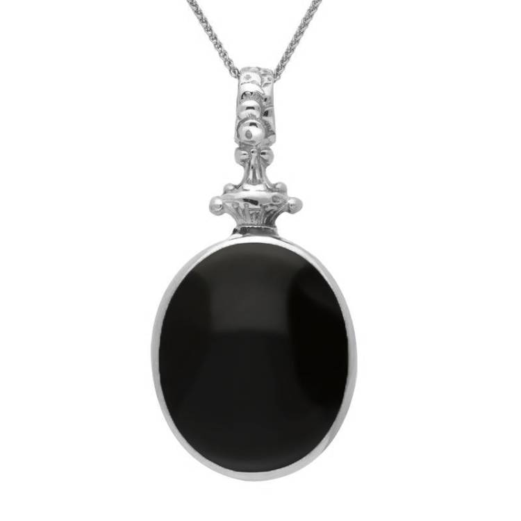 Sterling Silver Whitby Jet Blue John Double Sided Oval Fob Necklace - Sterling Silver
