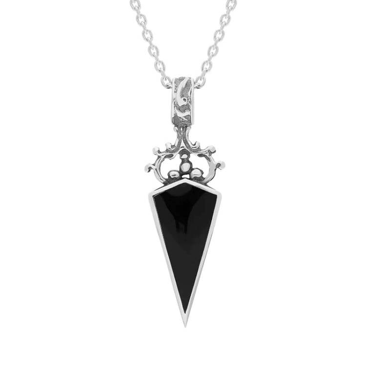 Sterling Silver Whitby Jet Blue John Double Sided Scroll Top Dagger Fob Necklace - Sterling Silver