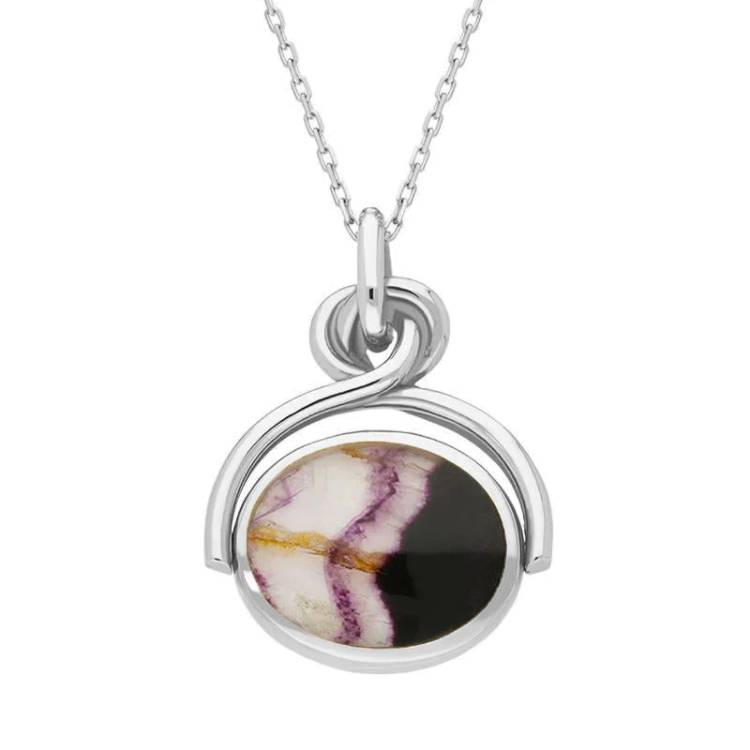 Sterling Silver Whitby Jet Blue John Oval Swivel Fob Necklace - Silver