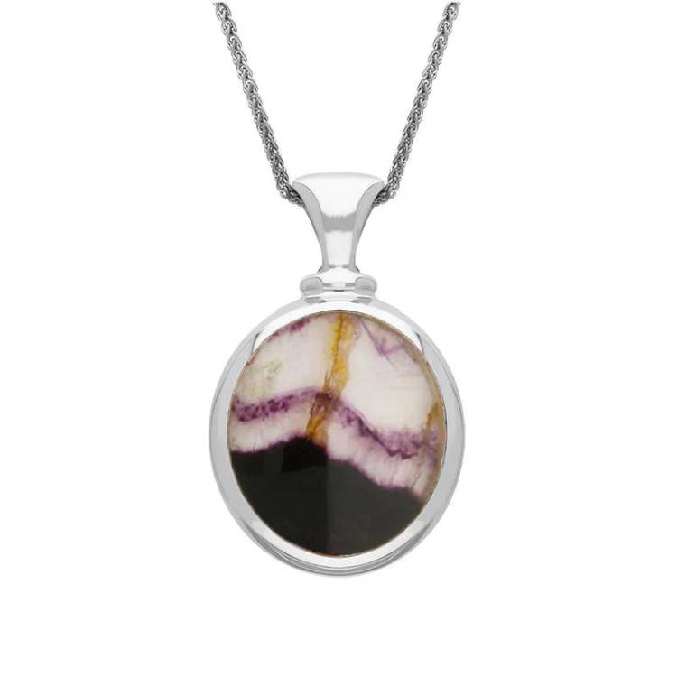 Sterling Silver Whitby Jet Blue John Small Double Sided Oval Fob Necklace - Silver