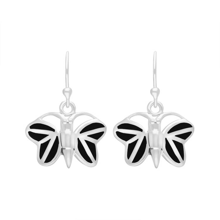 Sterling Silver Whitby Jet Butterfly Earrings - Silver