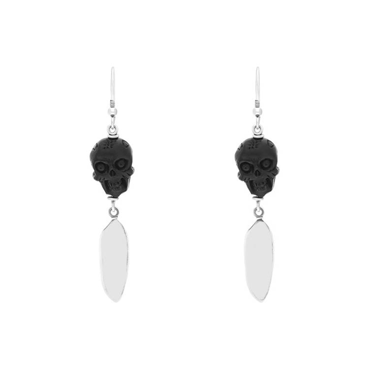 Sterling Silver Whitby Jet Carved Skull Feather Unique Drop Earrings D