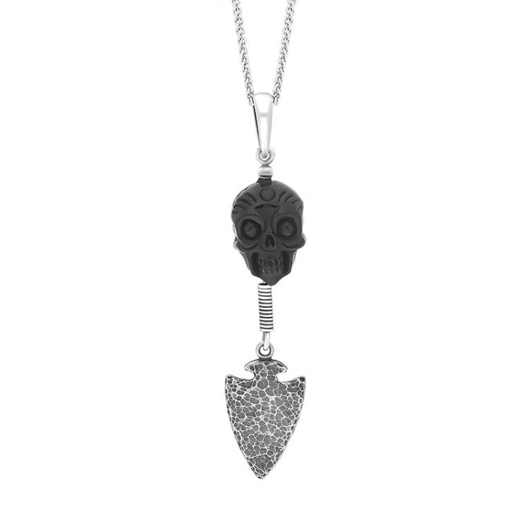 Sterling Silver Whitby Jet Carved Skull Spear Unique Pendant D