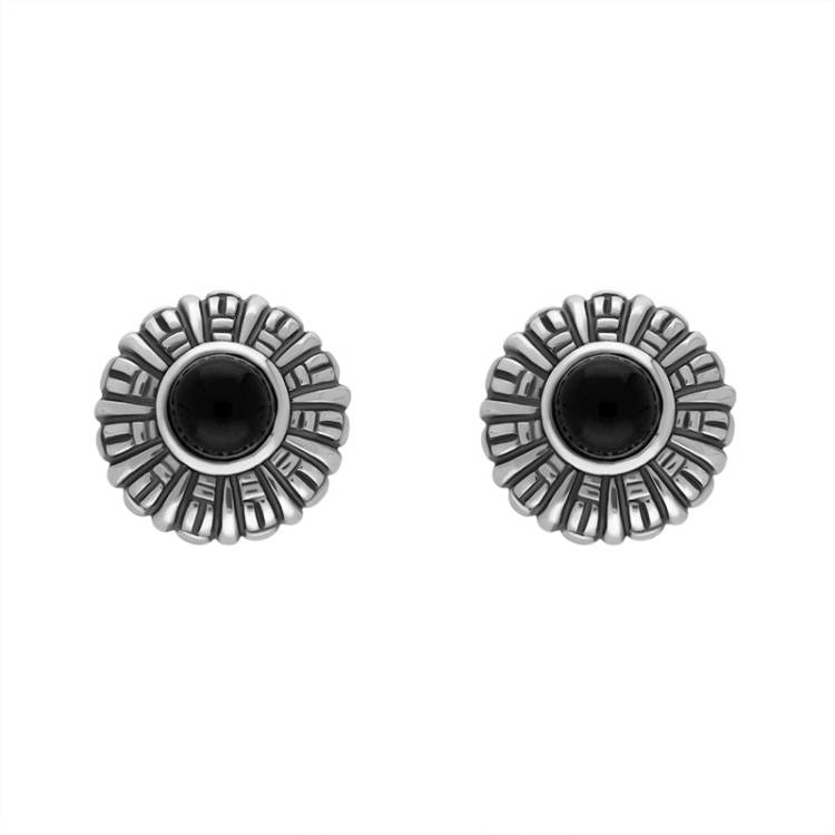 Sterling Silver Whitby Jet Chunky Pattern Edge Omega Clip Earrings D - Silver