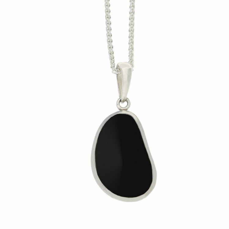 Sterling Silver Whitby Jet Coffee Bean Shaped Pendant Necklace D - Silver