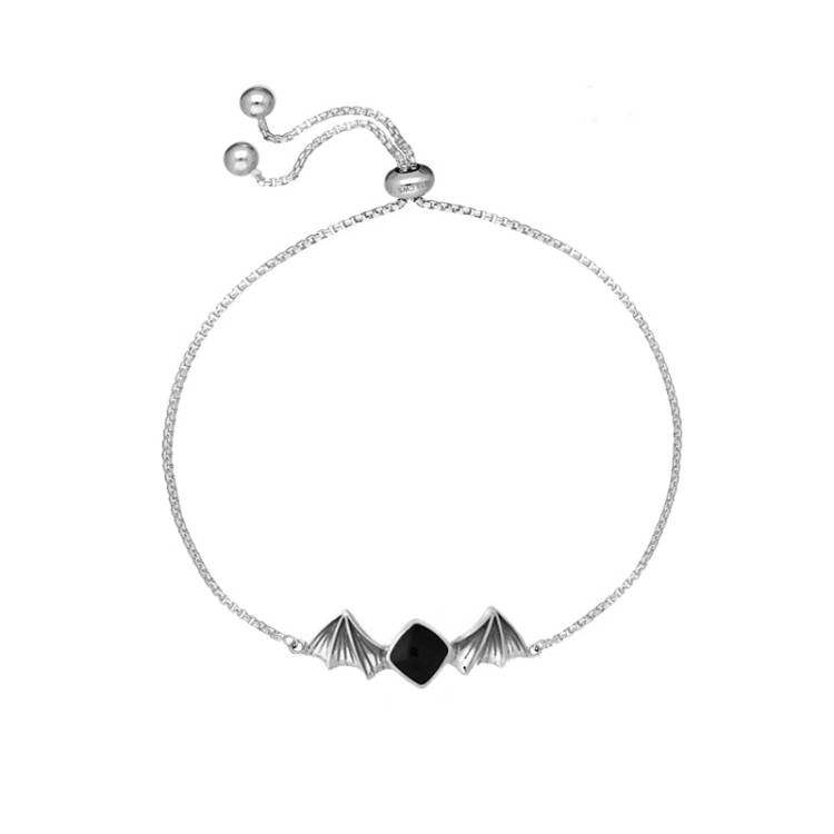 Sterling Silver Whitby Jet Cushion Stone Adjustable Bat Bracelet - Silver