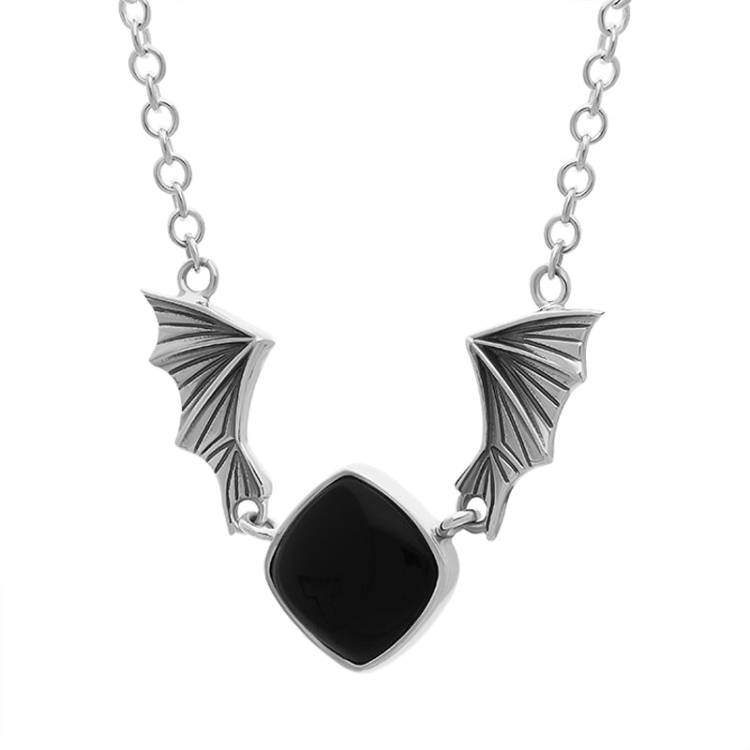 Sterling Silver Whitby Jet Cushion Stone Bat Necklace - Silver