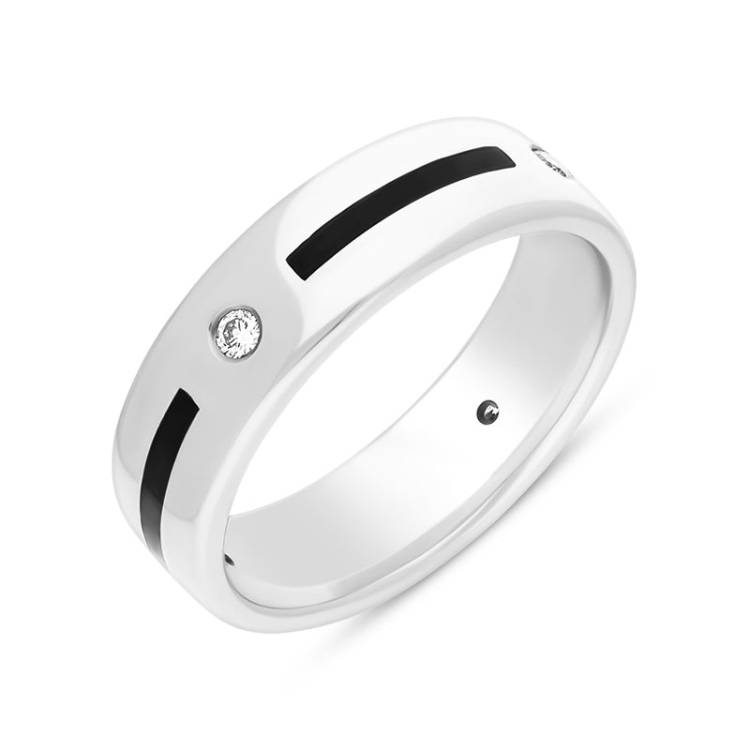 Sterling Silver Whitby Jet Diamond 6mm Patterned Wedding Band Ring D - R