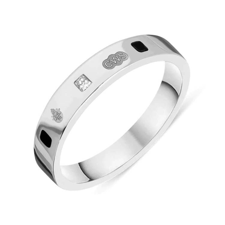 Sterling Silver Whitby Jet 0.09ct Diamond Queen's Jubilee Hallmark Princess Cut 4mm Ring D - N