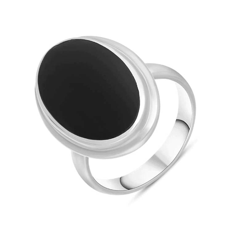 Sterling Silver Whitby Jet Domed Oval Ring - Silver