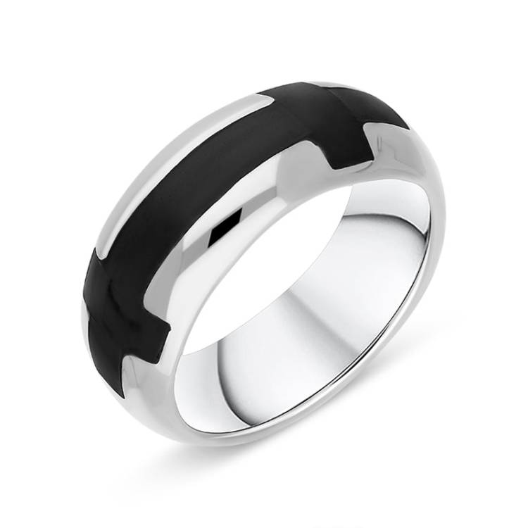 Sterling Silver Whitby Jet Double Cross Band Ring D - K
