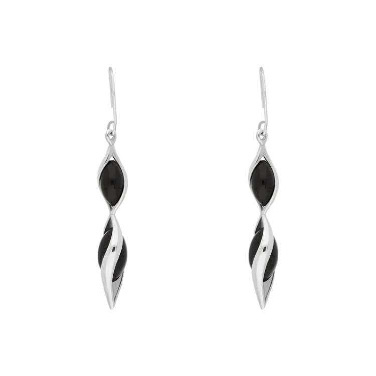 Sterling Silver Whitby Jet Double Graduated Twist Drop Earrings - Silver