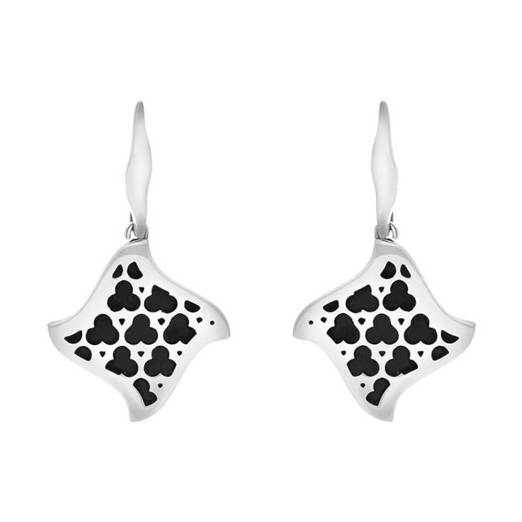 Sterling Silver Whitby Jet Filigree Trefoil Square Drop Earrings - Silver